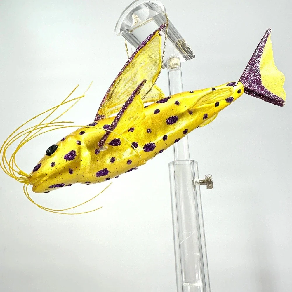 Catfish Ornament Glass Blown Glitter Whiskers‎ Hanging Whimsical Artsy Nautical